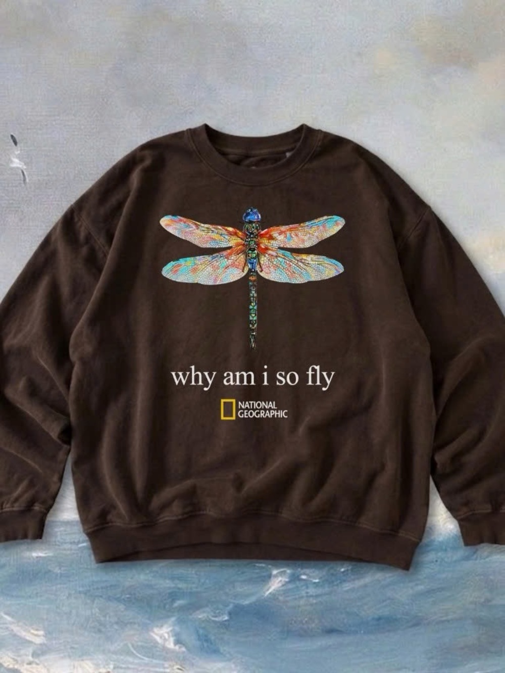 National Geographic Brown Crewneck Sweatshirt with Multicolor Dragonfly Graphic